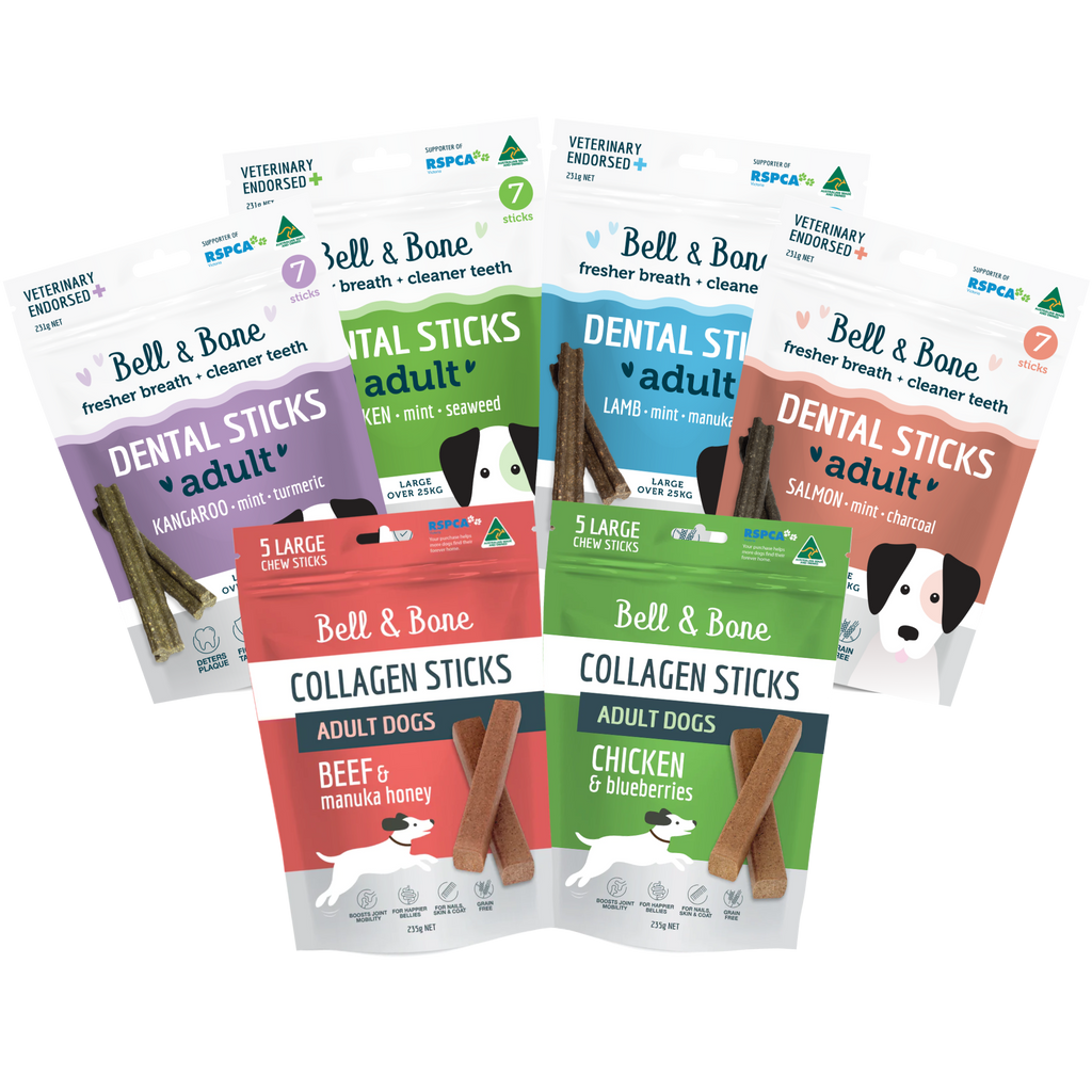Six pack bundle of dog dental chews and collagen treats 
